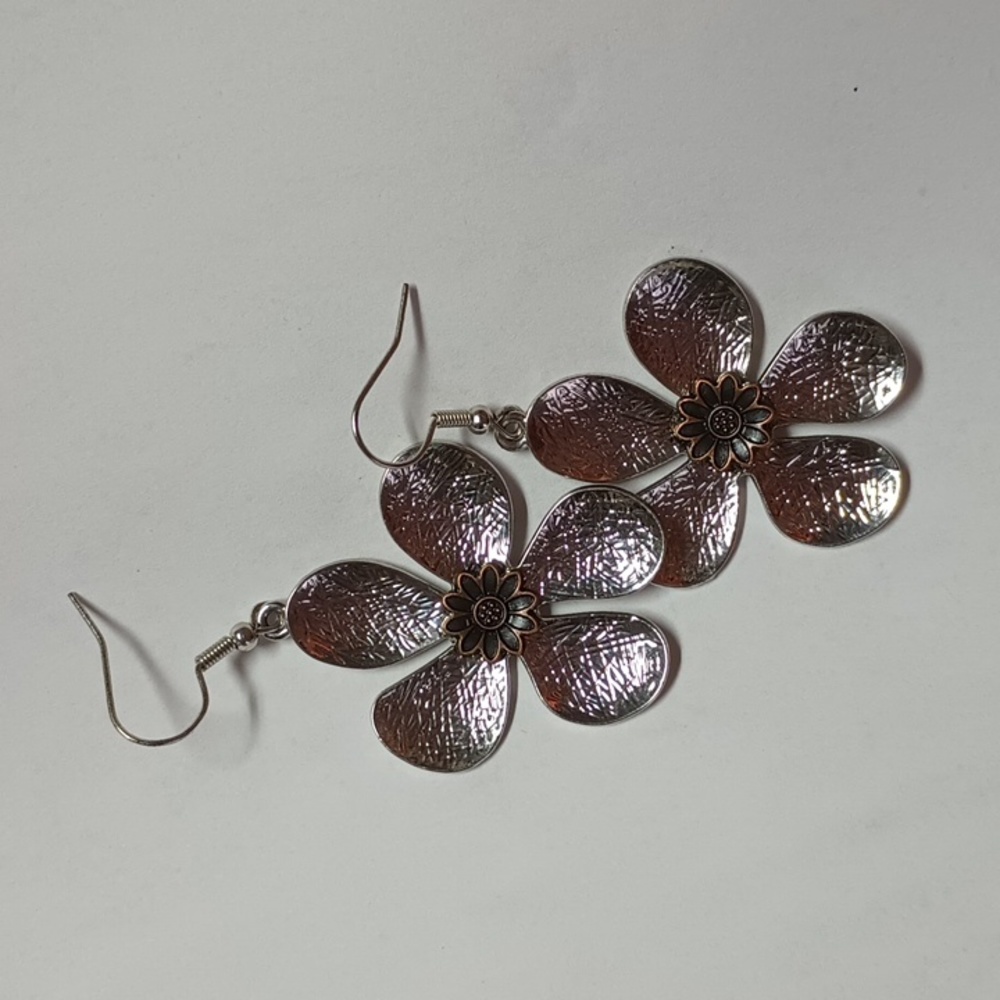 Silver and copper flower earrings